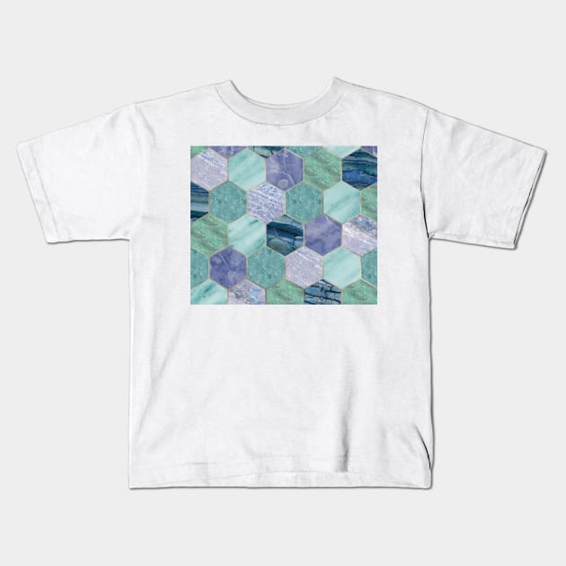 Gold trimmed seafoam hexagons Kids T-Shirt by marbleco